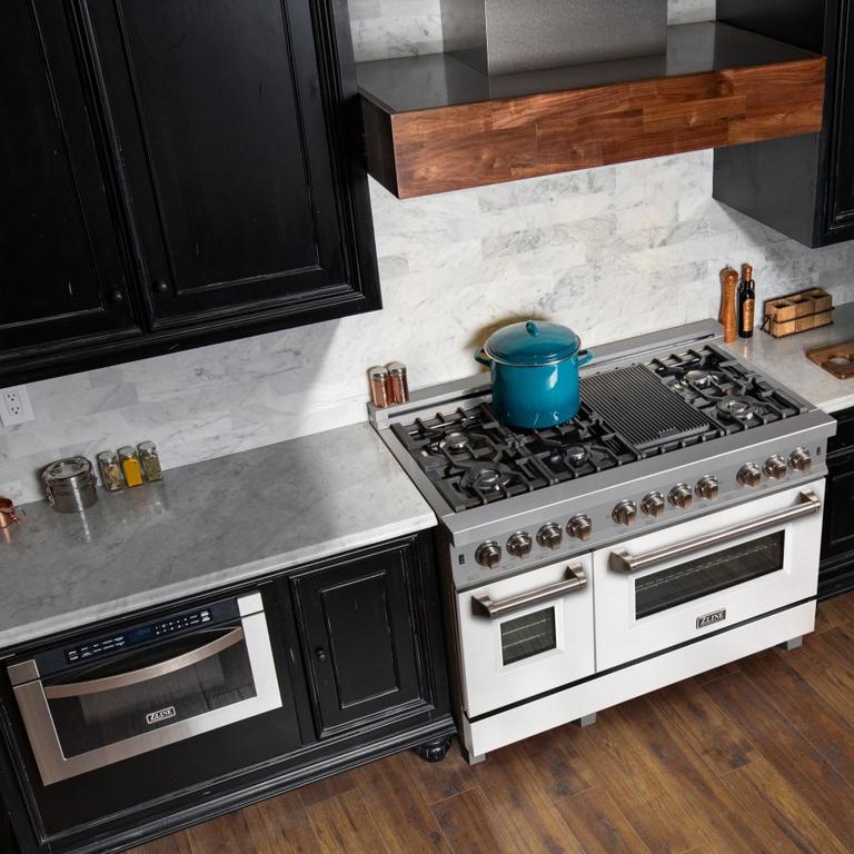 ZLINE Appliance Package - 48" Dual Fuel Range with White Matte Gloss Door & 48" Range Hood - 2KP-RASWMRH48