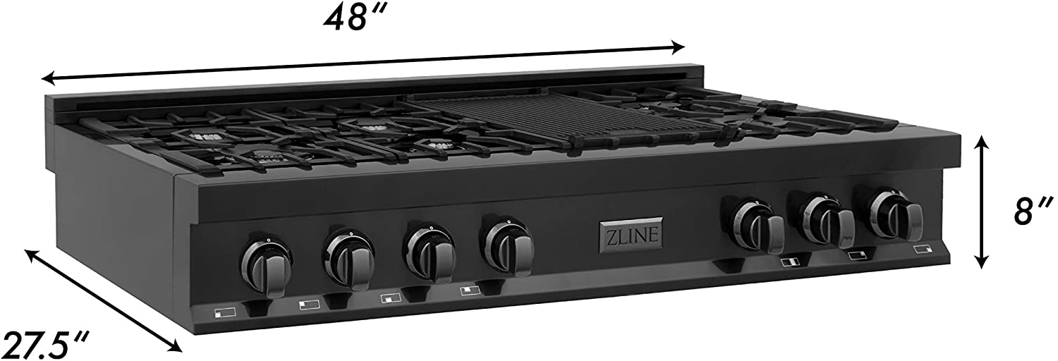 ZLINE 48” Professional Porcelain Rangetop in Black Stainless with 7 Gas Burners