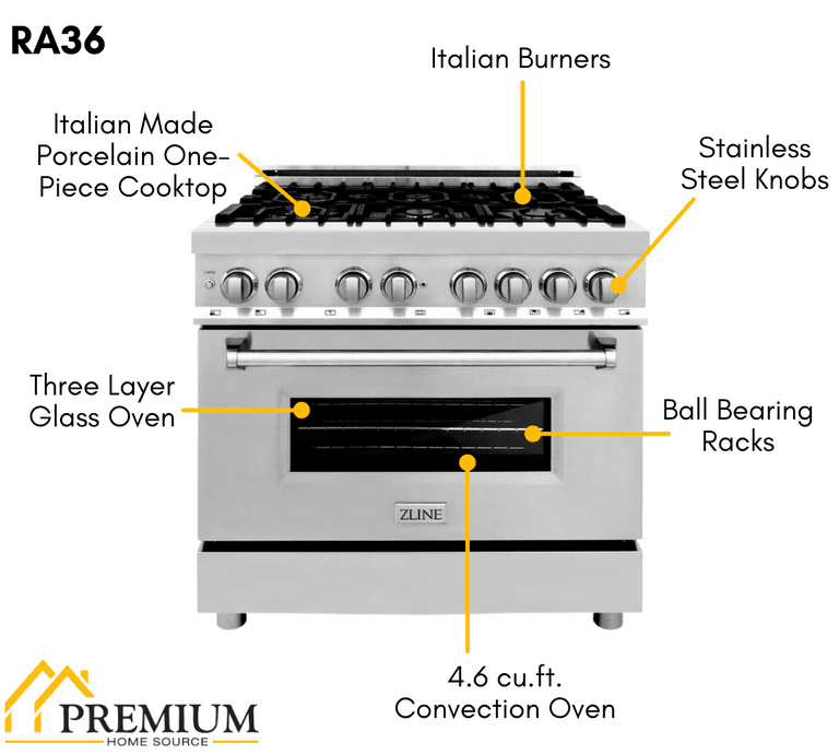 ZLINE Appliance Package - 36 in. Dual Fuel Range, Range Hood, 3 Rack Dishwasher - 3KP-RARH36-DWV