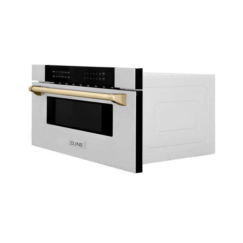 ZLINE Autograph Edition 30" 1.2 cu. ft. Built-In Microwave Drawer in Stainless Steel with Polished Gold Accents 