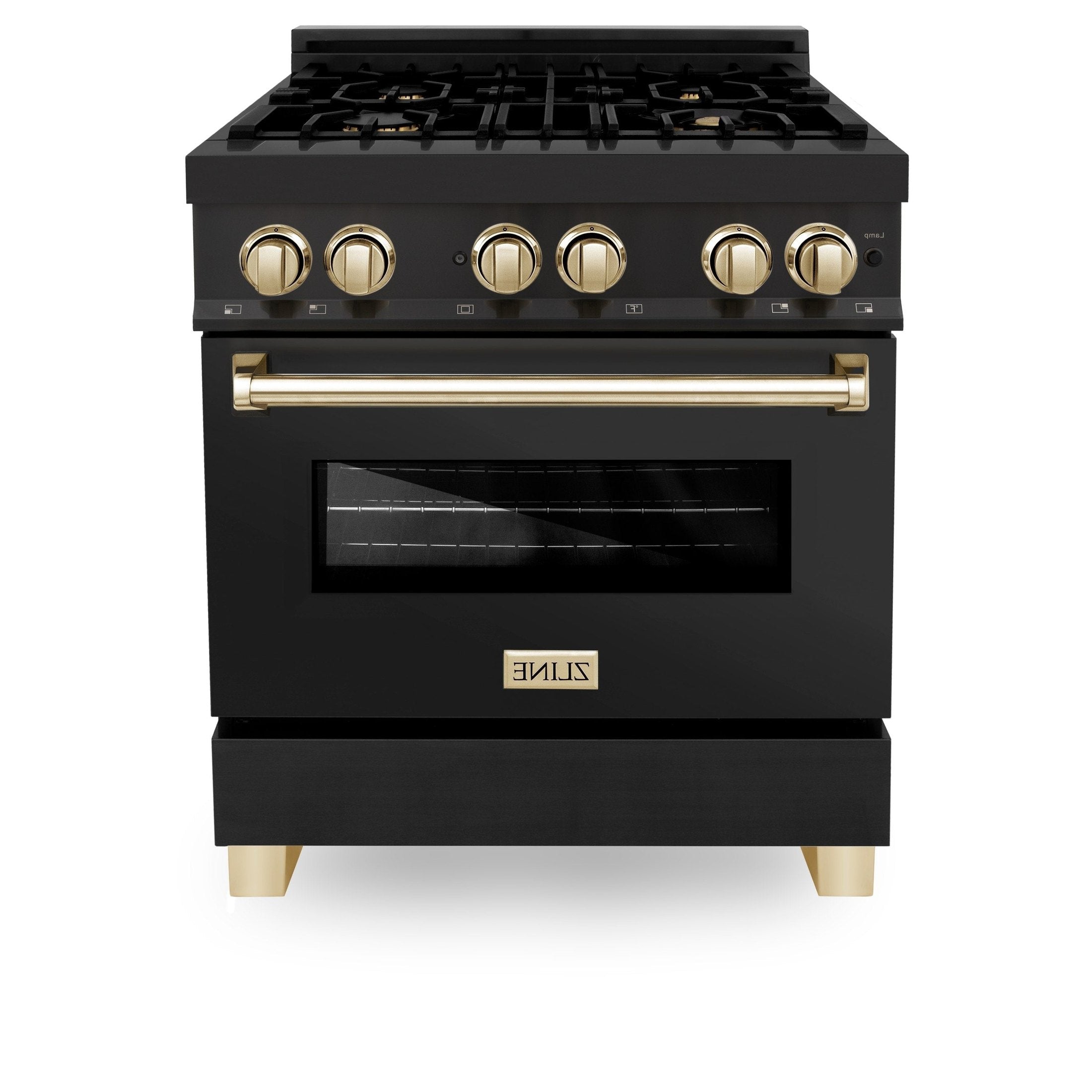 ZLINE Autograph Edition 30" 4.0 cu. ft. Dual Fuel Range with Gas Stove and Electric Oven in Black Stainless Steel with Accents