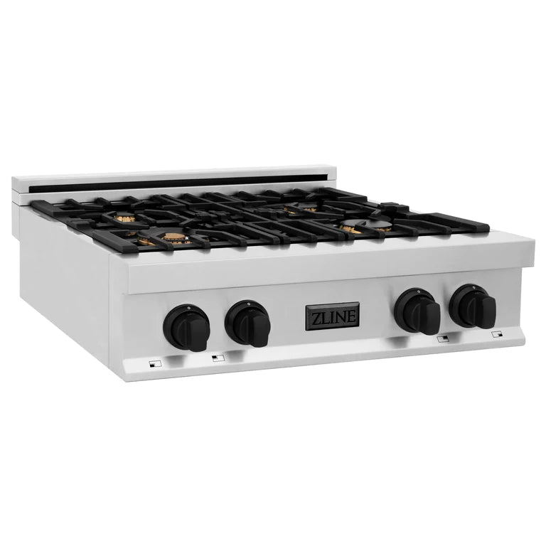 ZLINE Autograph Edition 30 in. Porcelain Rangetop with 4 Gas Burners in Stainless Steel and Matte Black Accents, RTZ-30-MB