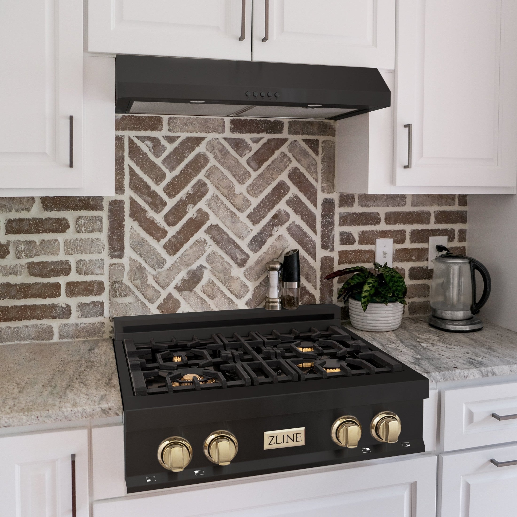 ZLINE Autograph Edition 30" Porcelain Rangetop with 4 Gas Burners in Black Stainless Steel and Accents