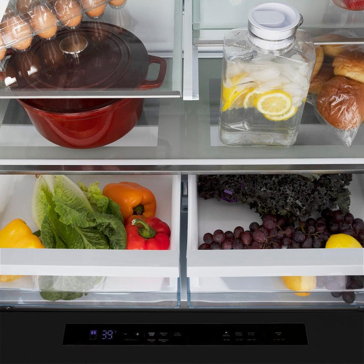 ZLINE Autograph Edition 36-Inch 21.6 cu. ft 4-Door French Door Refrigerator with Water and Ice Dispenser in Black Stainless Steel with Polished Gold Square Handles RFMZ-W-36-BS-FG