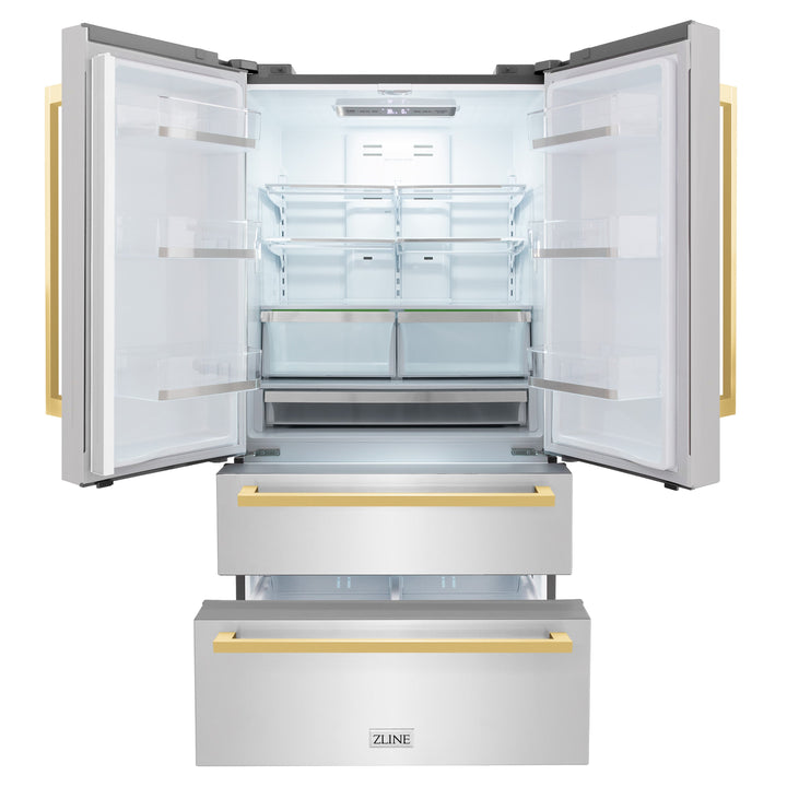 ZLINE Autograph Edition 36-Inch 22.5 cu. ft 4-Door French Door Refrigerator with Ice Maker in Stainless Steel with Polished Gold Square Handles RFMZ-36-FG