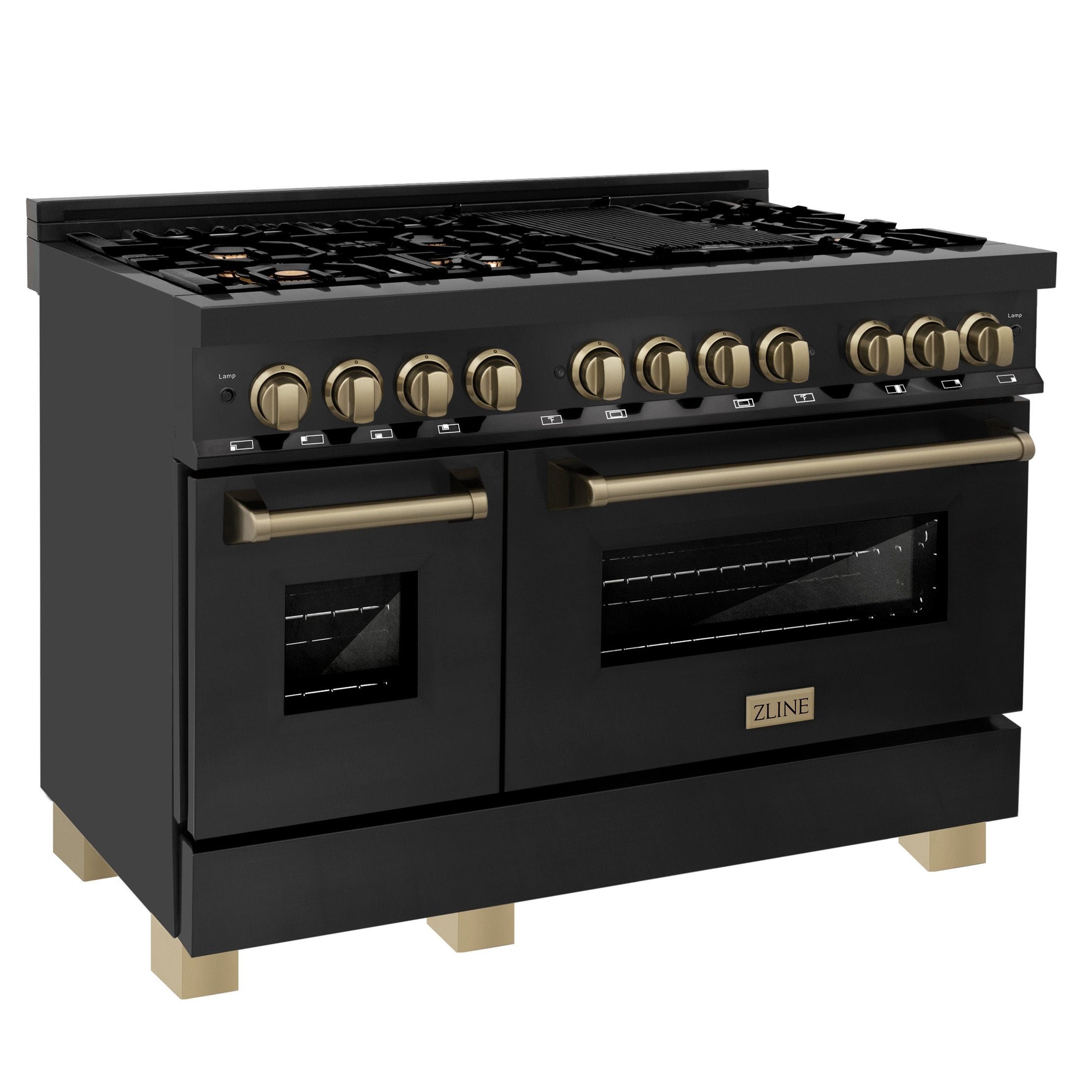 ZLINE Autograph Edition 48" 6.0 cu. ft. Dual Fuel Range with Gas Stove and Electric Oven in Black Stainless Steel with Accents