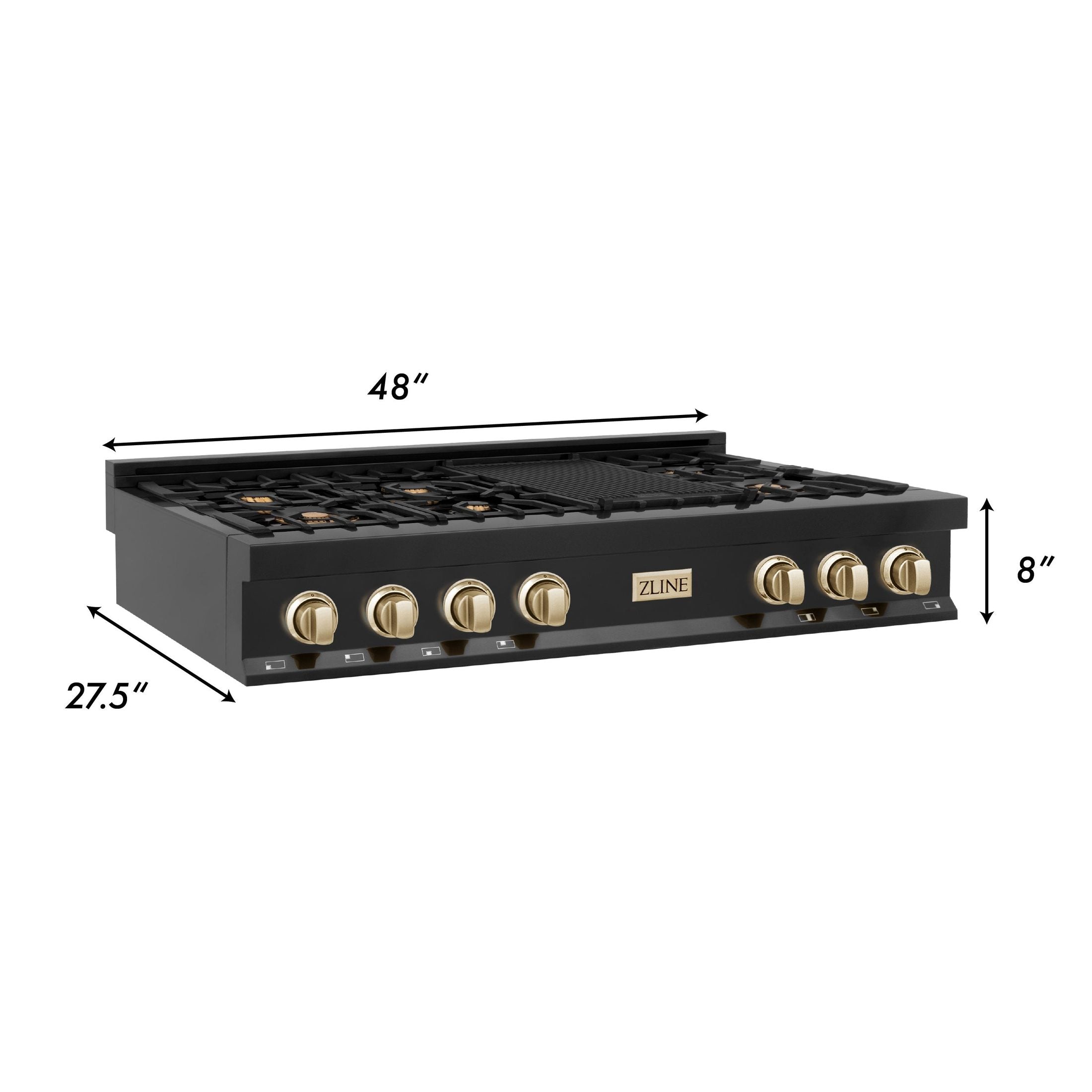 ZLINE Autograph Edition 48" Porcelain Rangetop with 7 Gas Burners in Black Stainless Steel With Accents