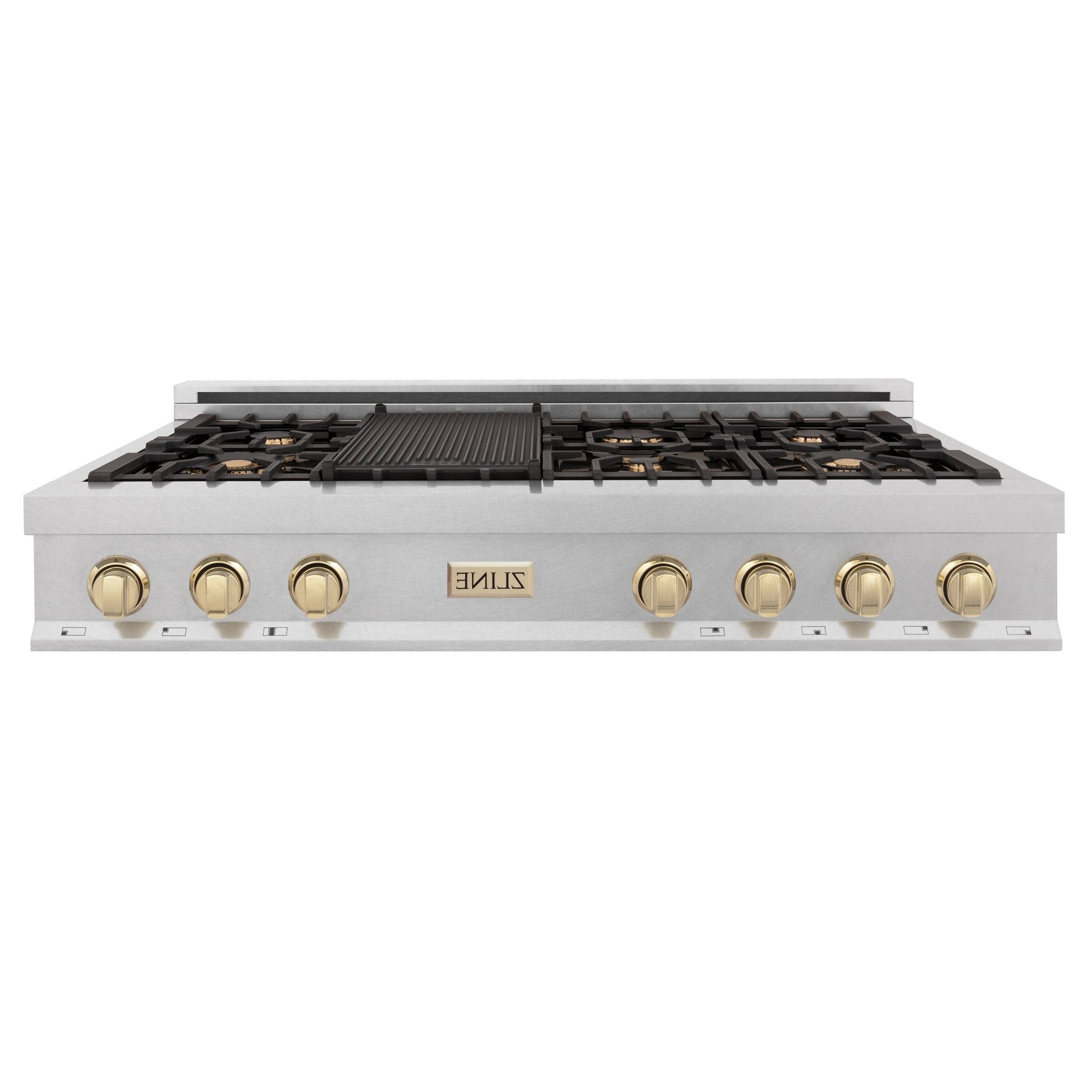 ZLINE Autograph Edition 48" Porcelain Rangetop with 7 Gas Burners in Dura Snow Stainless Steel With Accents