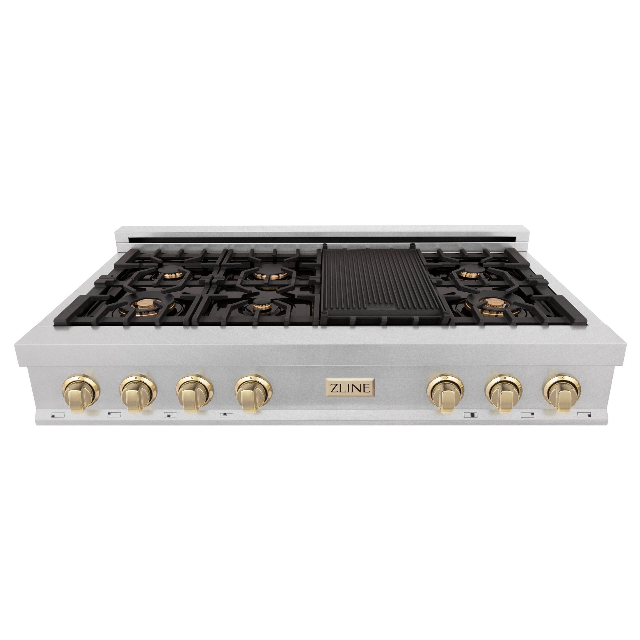 ZLINE Autograph Edition 48" Porcelain Rangetop with 7 Gas Burners in Dura Snow Stainless Steel With Accents