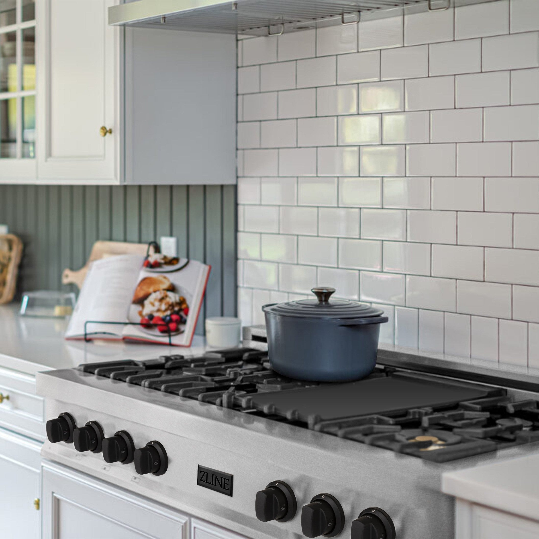 ZLINE Autograph Edition 48" Porcelain Rangetop with 7 Gas Burners in Dura Snow Stainless Steel With Accents