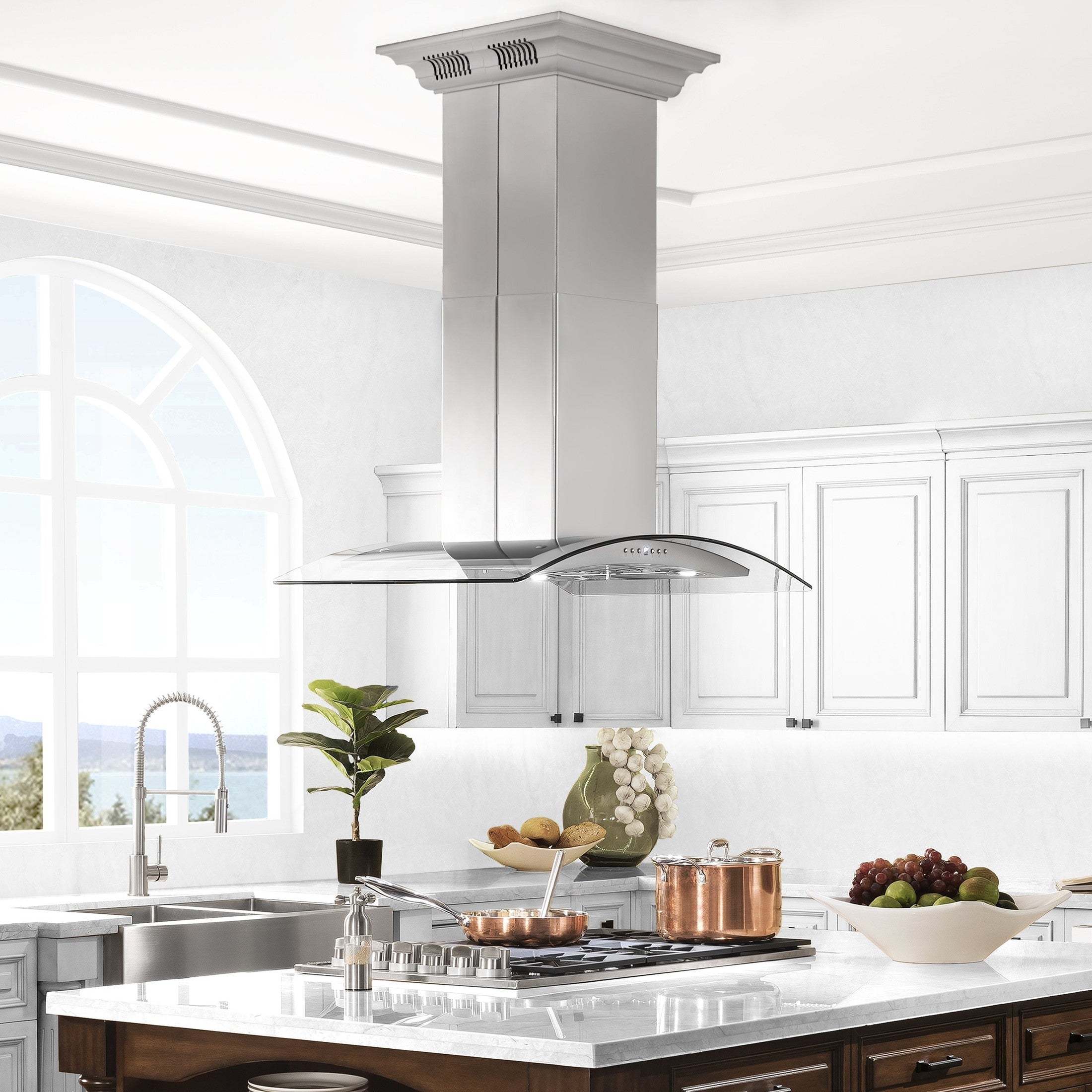 Products ZLINE Island Mount Range Hood in Stainless Steel with Built-in CrownSound‚ Bluetooth Speakers
