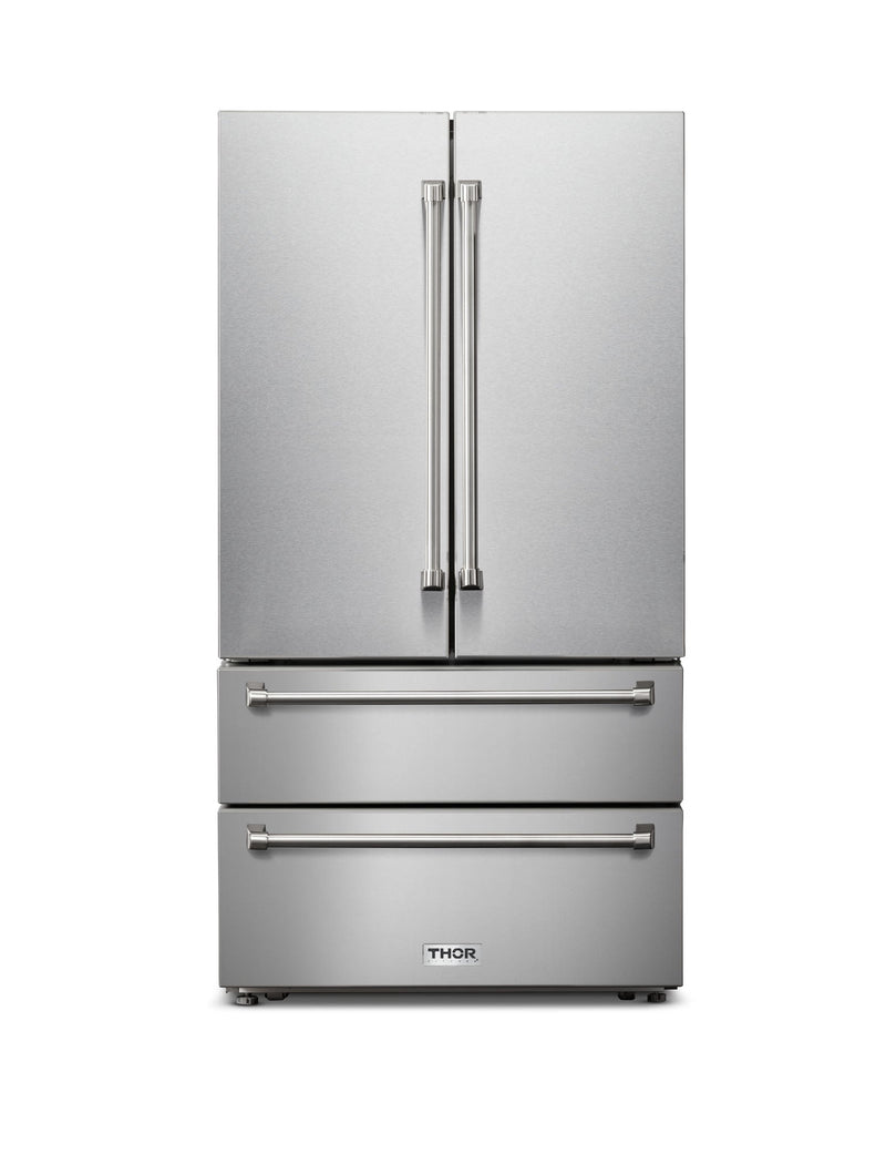 Thor Kitchen 6-Piece Pro Appliance Package - 48-Inch Gas Range, French Door Refrigerator, Dishwasher, Pro Wall Mount Hood, Microwave Drawer, & Wine Cooler in Stainless Steel