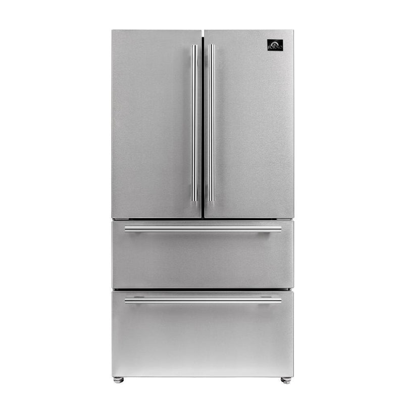 Forno 5-Piece Appliance Package - 36-Inch Dual Fuel Range, Refrigerator, Wall Mount Hood with Backsplash, Microwave Oven, & 3-Rack Dishwasher in Stainless Steel