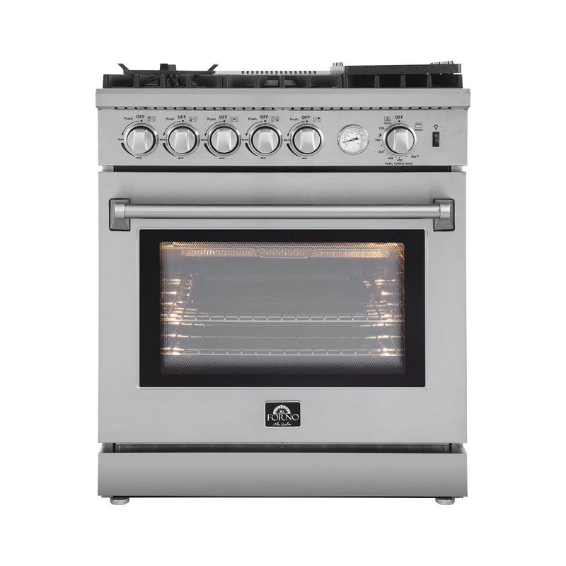 Forno 4-Piece Appliance Package - 30-Inch Gas Range with Air Fryer, Refrigerator, Wall Mount Hood, & 3-Rack Dishwasher in Stainless Steel