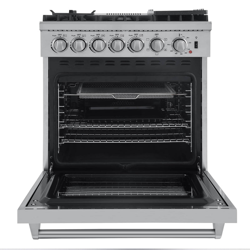 Forno 5-Piece Appliance Package - 30-Inch Dual Fuel Range with Air Fryer, Refrigerator, Wall Mount Hood with Backsplash, Microwave Oven, & 3-Rack Dishwasher in Stainless Steel