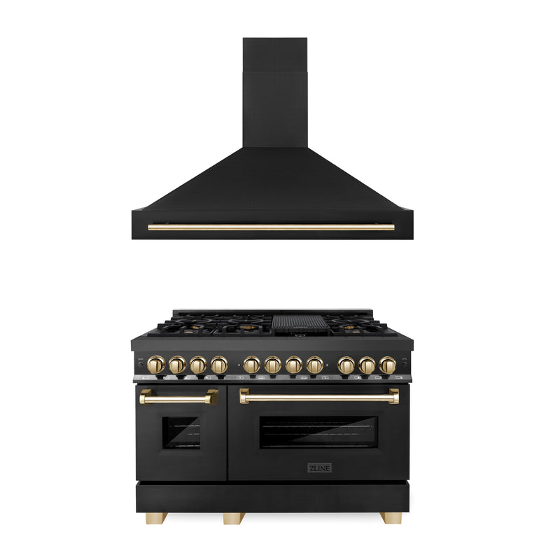 ZLINE 48 in. Autograph Edition Kitchen Package with Black Stainless Steel Dual Fuel Range and Range Hood with Polished Gold Accents (2AKP-RABRH48-G)