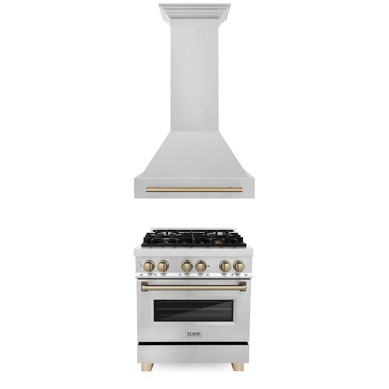 ZLINE 30 in. Autograph Edition Kitchen Package with Stainless Steel Dual Fuel Range and Range Hood with Champagne Bronze Accents (2AKP-RARH30-CB)