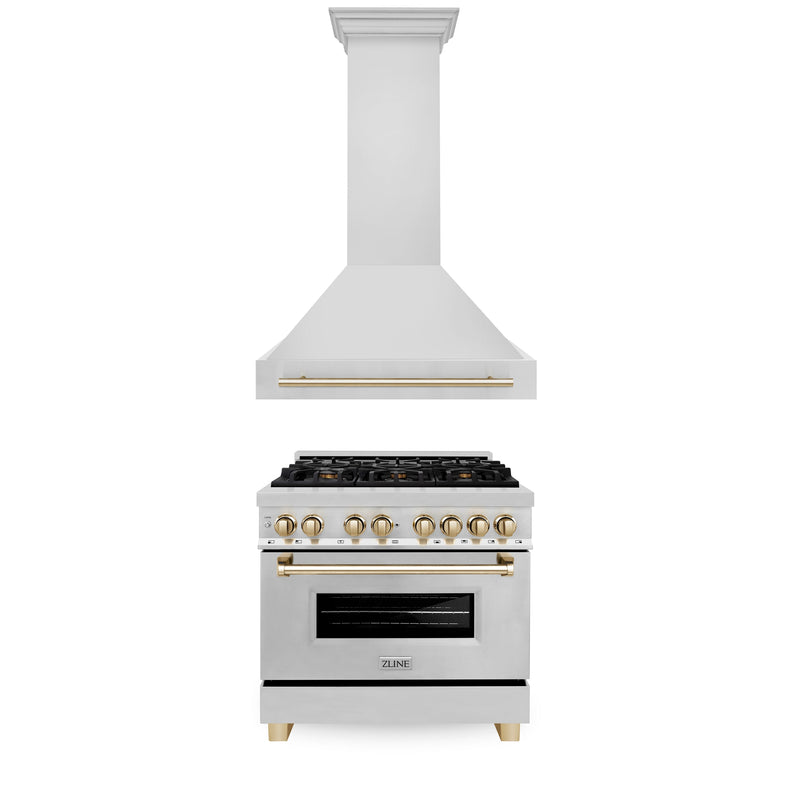 ZLINE 36 in. Autograph Edition Kitchen Package with Stainless Steel Dual Fuel Range and Range Hood with Polished Gold Accents (2AKP-RARH36-G)