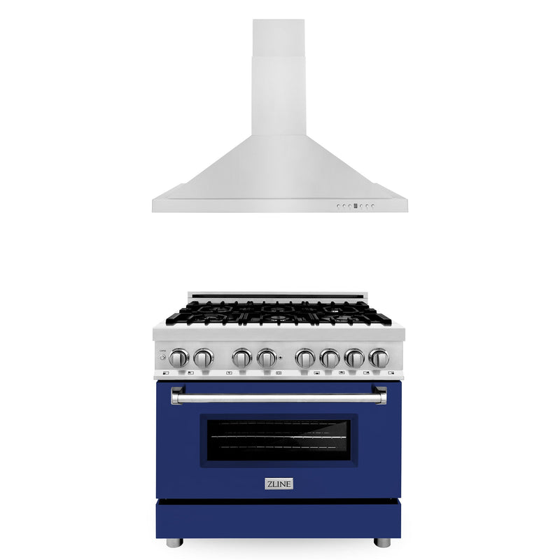 ZLINE 36 in. Kitchen Package with Stainless Steel Dual Fuel Range with Blue Gloss Door and Convertible Vent Range Hood (2KP-RABGRH36)