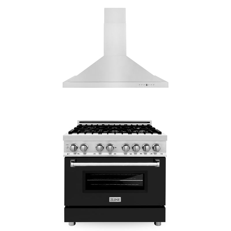 ZLINE 36 in. Kitchen Package with Stainless Steel Dual Fuel Range with Black Matte Door and Convertible Vent Range Hood (2KP-RABLMRH36)