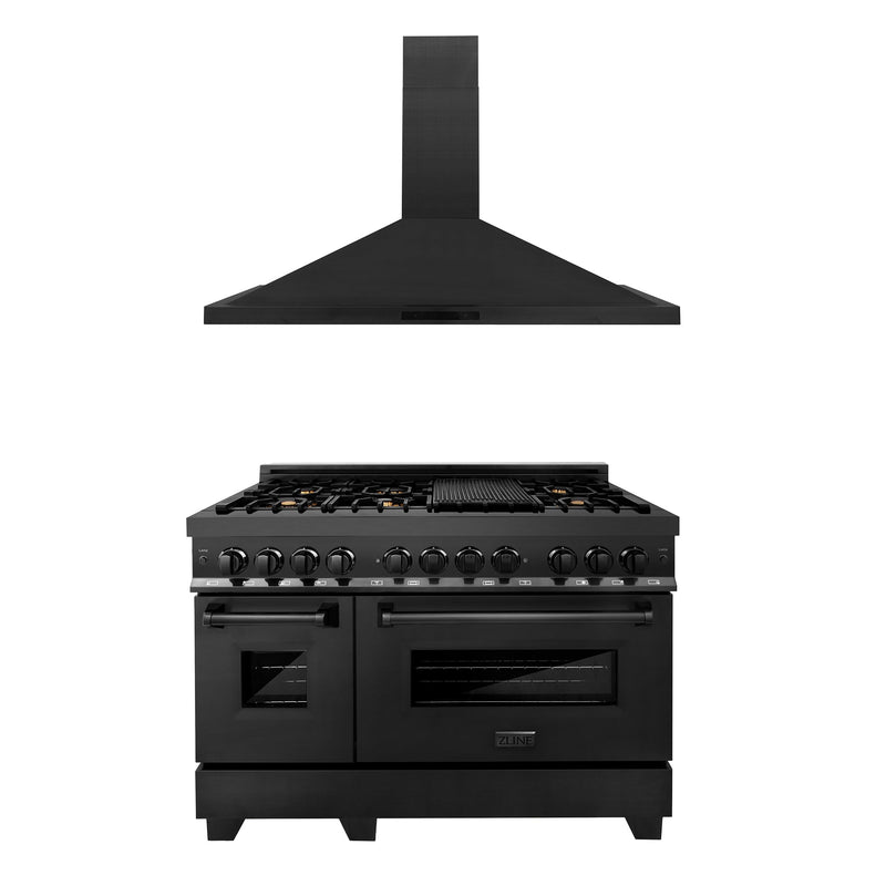 ZLINE 48 in. Kitchen Package with Black Stainless Steel Dual Fuel Range and Convertible Vent Range Hood (2KP-RABRH48)