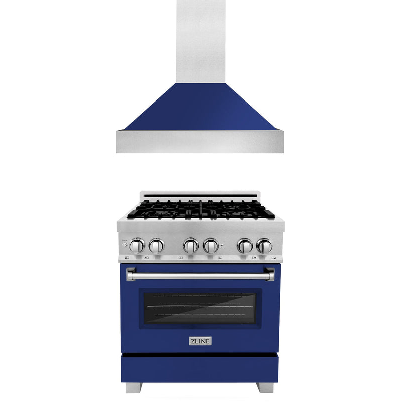 ZLINE 30 in. Kitchen Package with DuraSnow Stainless Steel Dual Fuel Range with Blue Gloss Door and Convertible Vent Range Hood