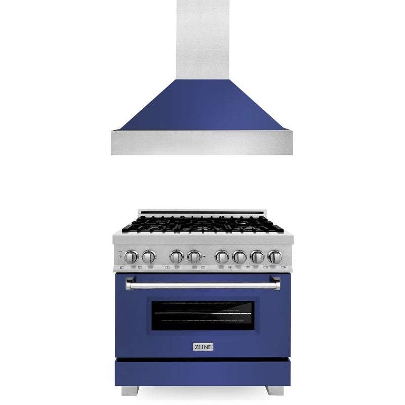 ZLINE 36 in. Kitchen Package with DuraSnow Stainless Steel Dual Fuel Range with Blue Matte Door and Convertible Vent Range Hood (2KP-RASBMRH36)