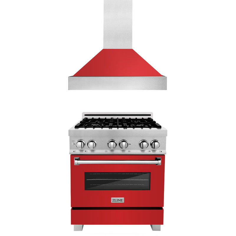 ZLINE 30 in. Kitchen Package with DuraSnow Stainless Steel Dual Fuel Range with Red Matte Door and Convertible Vent Range Hood (2KP-RASRMRH30)