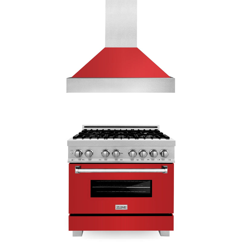 ZLINE 36 in. Kitchen Package with DuraSnow Stainless Steel Dual Fuel Range with Red Matte Door and Convertible Vent Range Hood (2KP-RASRMRH36)