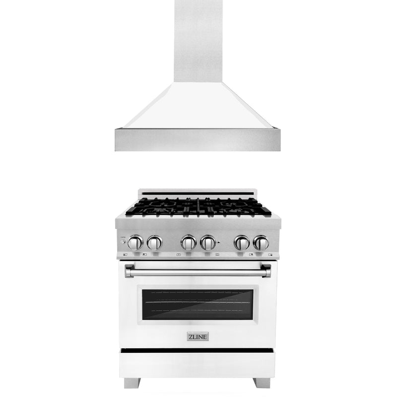 ZLINE 30 in. Kitchen Package with DuraSnow Stainless Steel Dual Fuel Range with White Matte Door and Convertible Vent Range Hood (2KP-RASWMRH30)