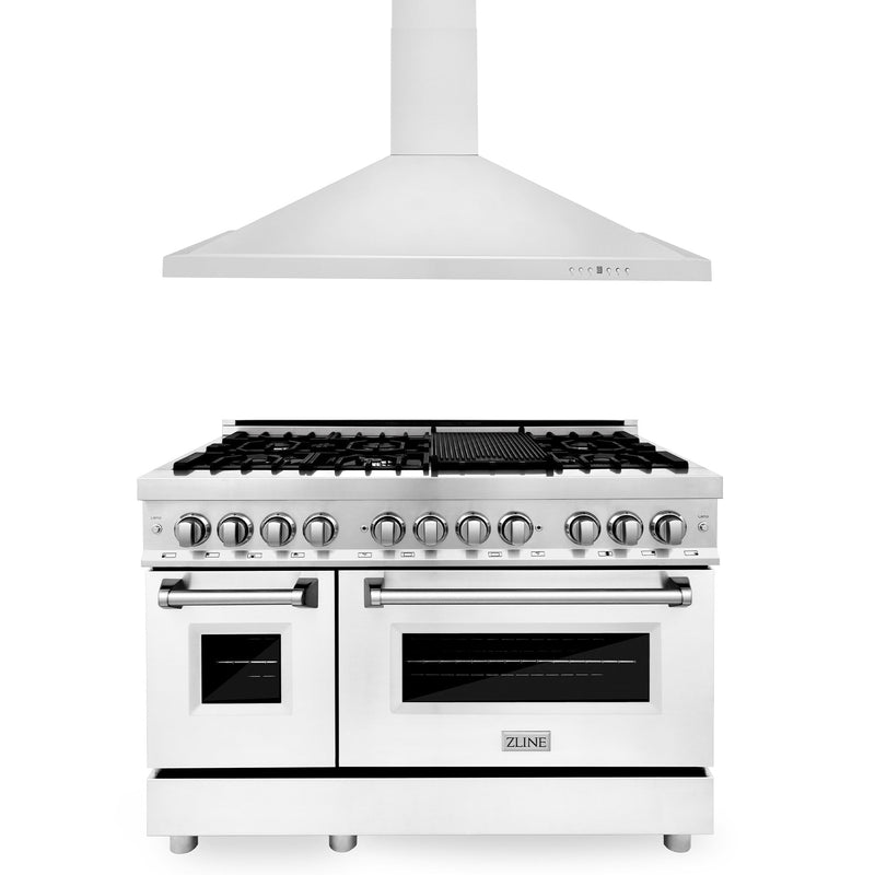 ZLINE 48 in. Kitchen Package with Stainless Steel Dual Fuel Range with White Matte Door and Convertible Vent Range Hood (2KP-RAWMRH48)