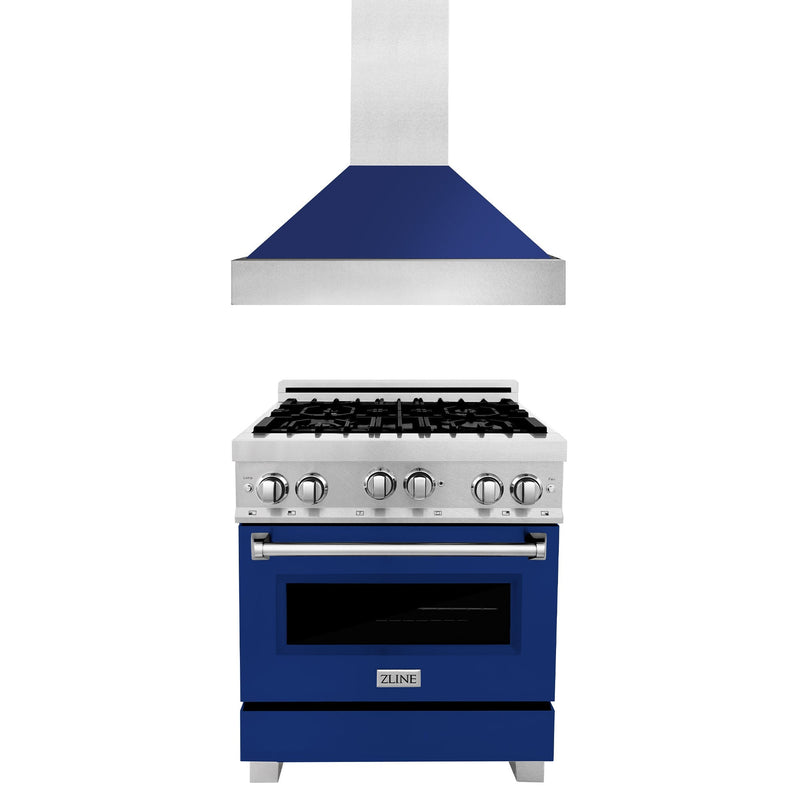 ZLINE 30 in. Kitchen Package with DuraSnow Stainless Steel Gas Range with Blue Gloss Door and Convertible Vent Range Hood (2KP-RGSBGRH30)