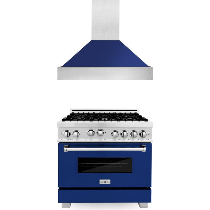 zline-36-kitchen-package-with-zline-durasnow-stainless-steel-gas-range-with-blue-gloss-door-and-convertible-vent-range-hood-2kp-rgsbgrh36