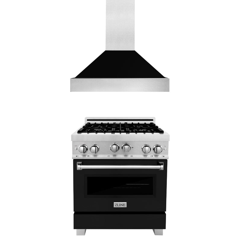 ZLINE 30 in. Kitchen Package with DuraSnow Stainless Steel Gas Range with Black Matte Door and Convertible Vent Range Hood (2KP-RGSBLMRH30)