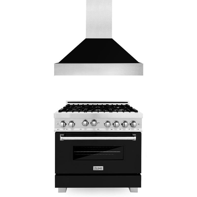 ZLINE 36 in. Kitchen Package with DuraSnow Stainless Steel Gas Range with Black Matte Door and Convertible Vent Range Hood (2KP-RGSBLMRH36)