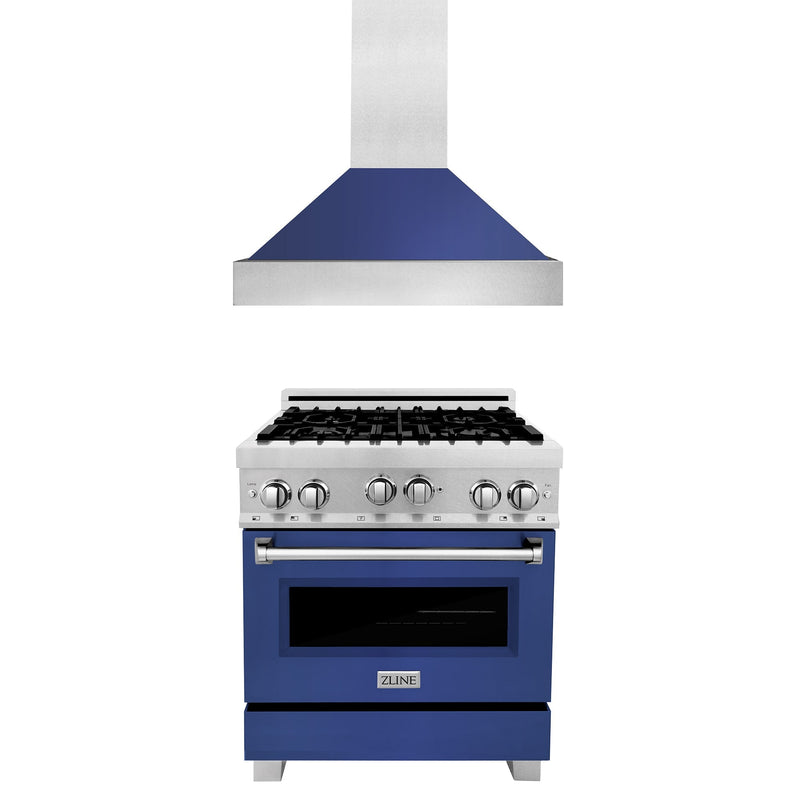 ZLINE 30 in. Kitchen Package with DuraSnow Stainless Steel Gas Range with Blue Matte Door and Convertible Vent Range Hood (2KP-RGSBMRH30)