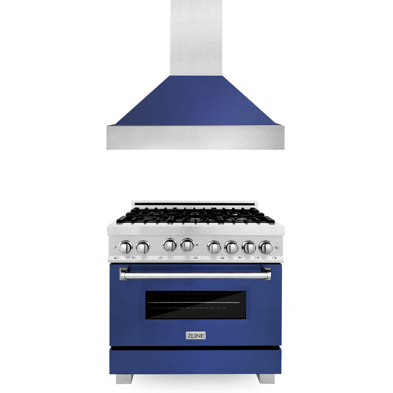 ZLINE 36 in. Kitchen Package with DuraSnow Stainless Steel Gas Range with Blue Matte Door and Convertible Vent Range Hood (2KP-RGSBMRH36)