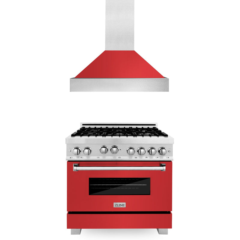 ZLINE 36 in. Kitchen Package with DuraSnow Stainless Steel Gas Range with Red Matte Door and Convertible Vent Range Hood (2KP-RGSRMRH36)