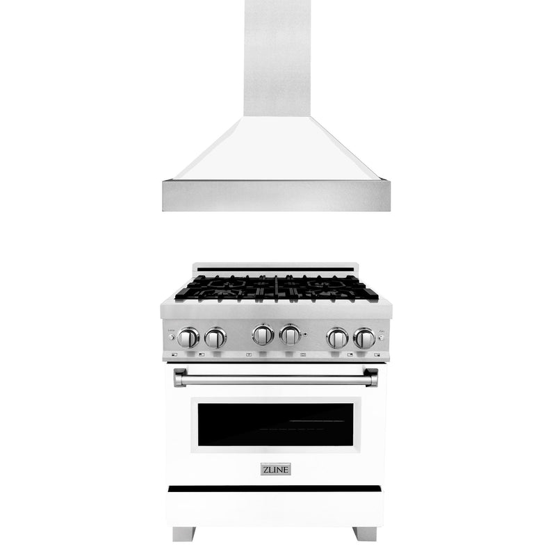 ZLINE 30 in. Kitchen Package with DuraSnow Stainless Steel Gas Range with White Matte Door and Convertible Vent Range Hood (2KP-RGSWMRH30)