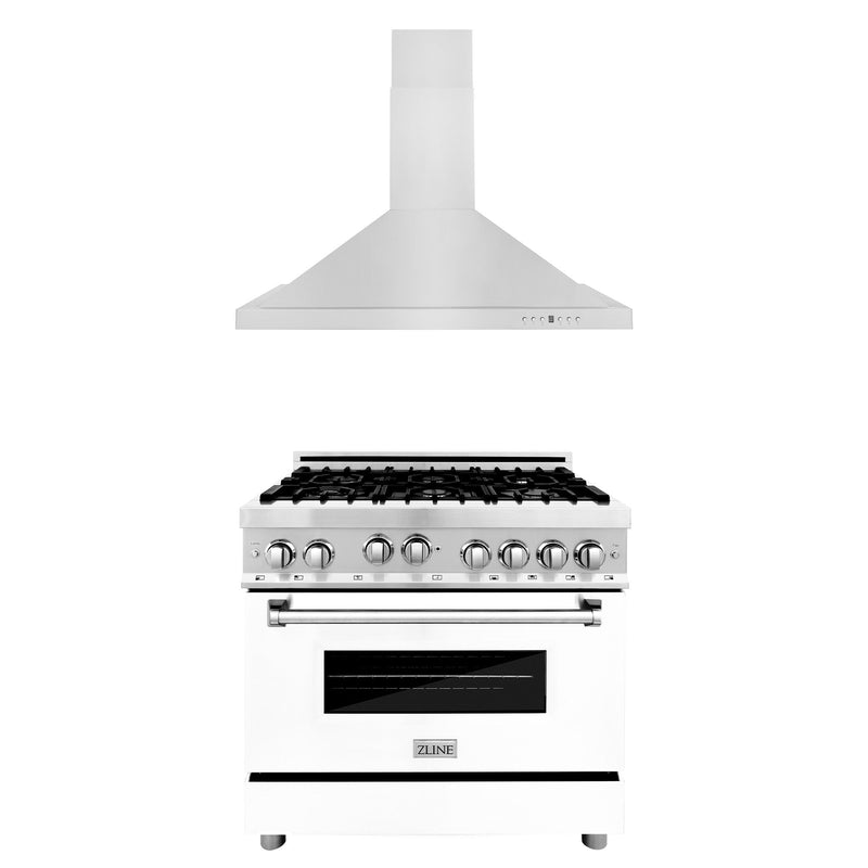 ZLINE 36 in. Kitchen Package with Stainless Steel Gas Range with White Matte Door and Convertible Vent Range Hood (2KP-RGWMRH36)