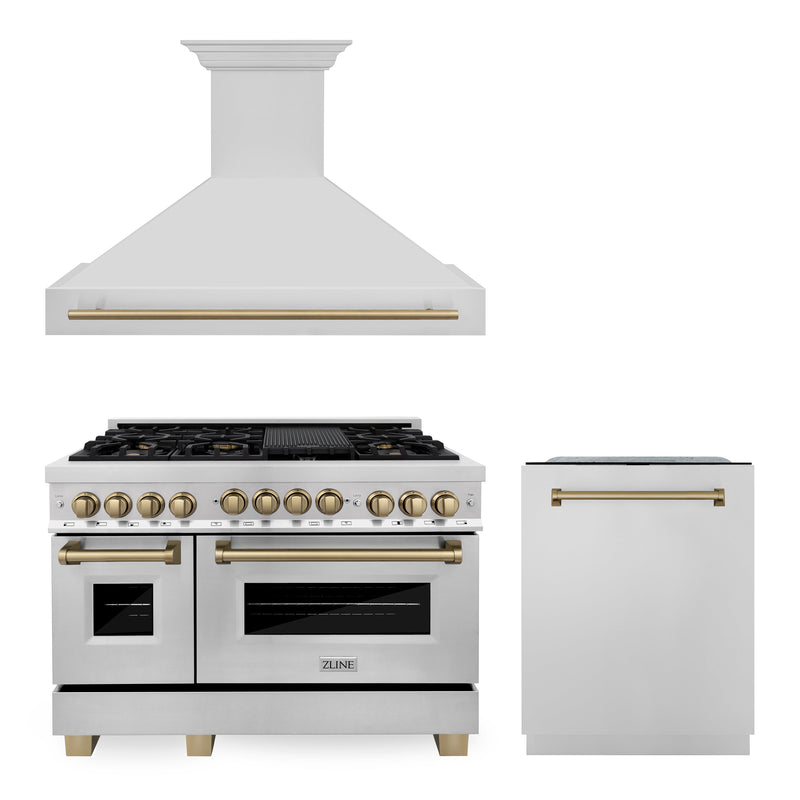 ZLINE 48 in. Autograph Edition Kitchen Package with Stainless Steel Gas Range, Range Hood and Dishwasher with Champagne Bronze Accents (3AKPR-RGRH48-CB)