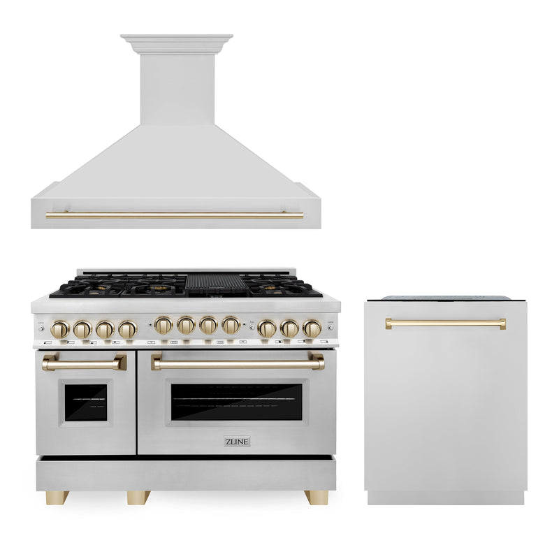 ZLINE 48 in. Autograph Edition Kitchen Package with Stainless Steel Gas Range, Range Hood and Dishwasher with Polished Gold Accents (3AKPR-RGRH48-G)