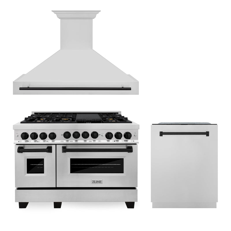 ZLINE 48 in. Autograph Edition Kitchen Package with Stainless Steel Gas Range, Range Hood and Dishwasher with Matte Black Accents (3AKPR-RGRH48-MB)