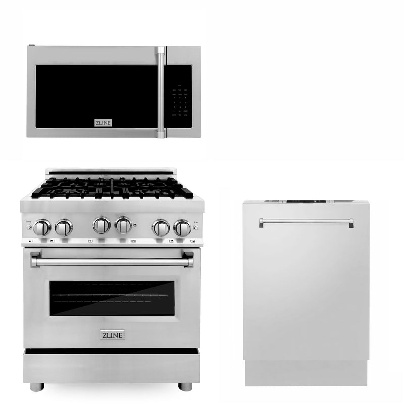 ZLINE 30 in. Kitchen Package with Stainless Steel Gas Range, Traditional Over The Range Microwave and Dishwasher(3KP-RGOTRH30-DW)