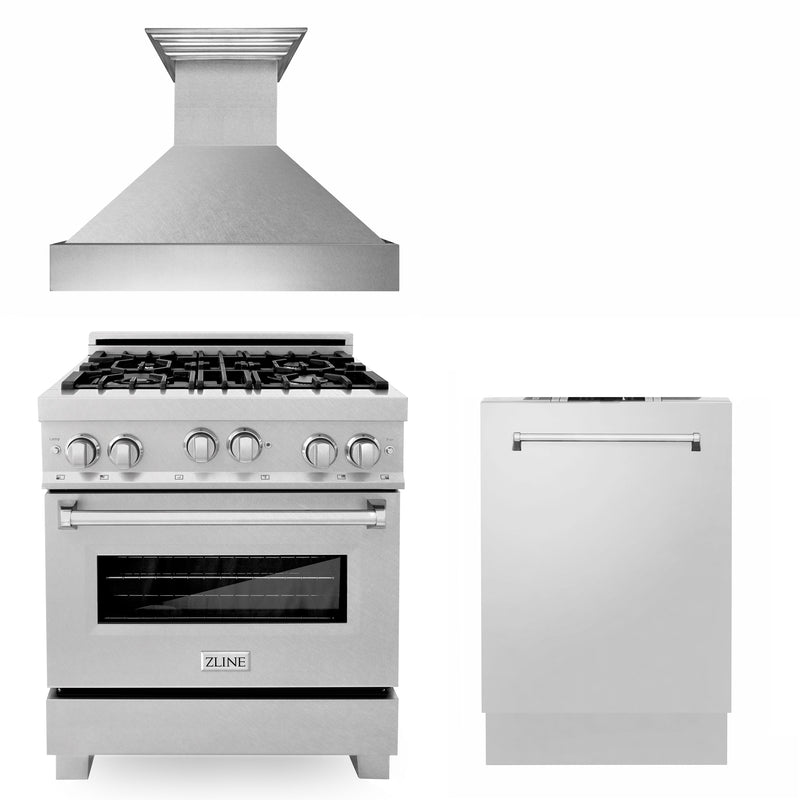 ZLINE 30 in. Kitchen Package with DuraSnow Stainless Steel Gas Range, Ducted Range Hood and Dishwasher(3KP-RGSRH30-DW)