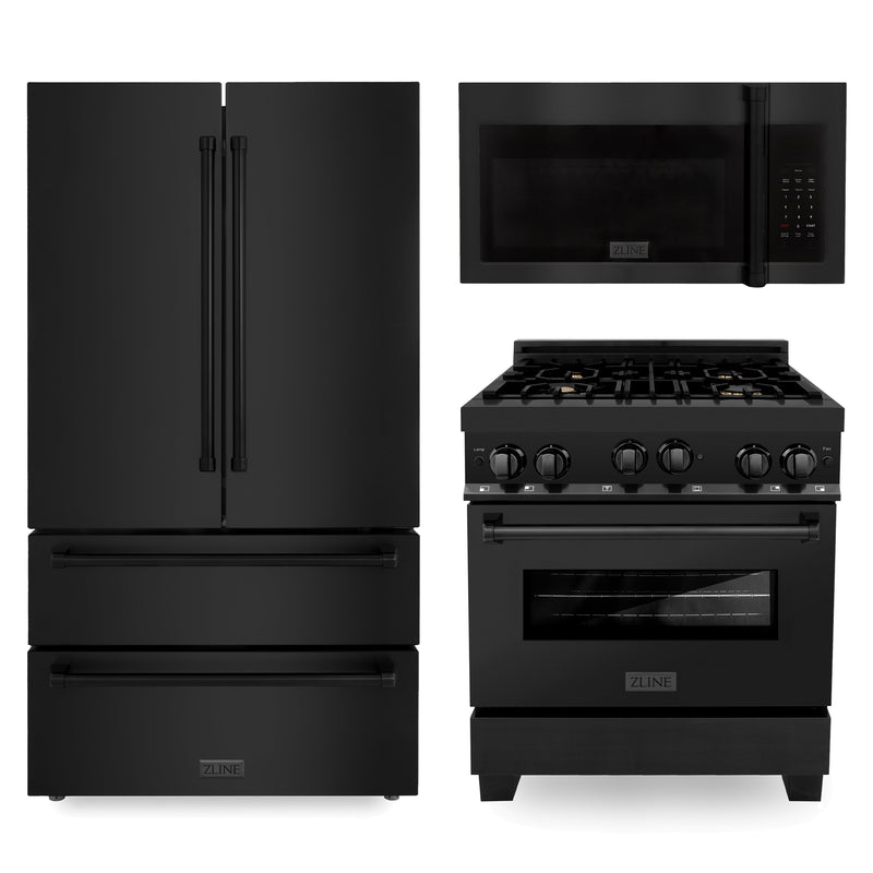 ZLINE Kitchen Package with Black Stainless Steel Refrigeration, 30 in. Gas Range and 30 in. Traditional Over the Range Microwave (3KPR-RGBOTRH30)