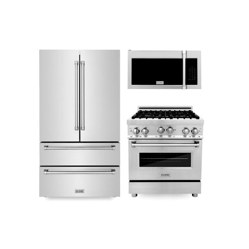 ZLINE Kitchen Package with Stainless Steel Refrigeration, 30 in. Gas Range and Traditional Over the Range Microwave (3KPR-RGOTRH30)