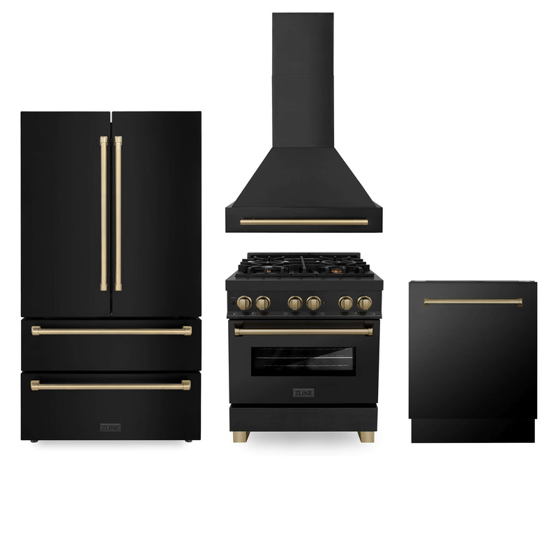 ZLINE 30 in. Autograph Edition Kitchen Package with Black Stainless Steel Dual Fuel Range, Range Hood, Dishwasher and Refrigeration Including External Water Dispenser with Champagne Bronze Accents (4AKPR-RABRHDWV30-CB)