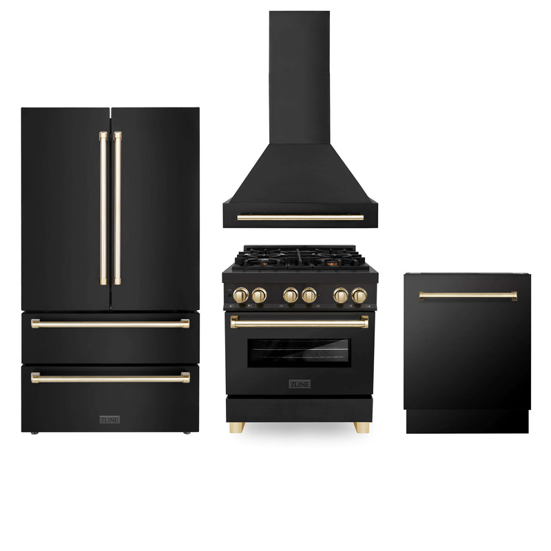 ZLINE 30 in. Autograph Edition Kitchen Package with Black Stainless Steel Dual Fuel Range, Range Hood, Dishwasher and Refrigeration Including External Water Dispenser with Polished Gold Accents (4AKPR-RABRHDWV30-G)