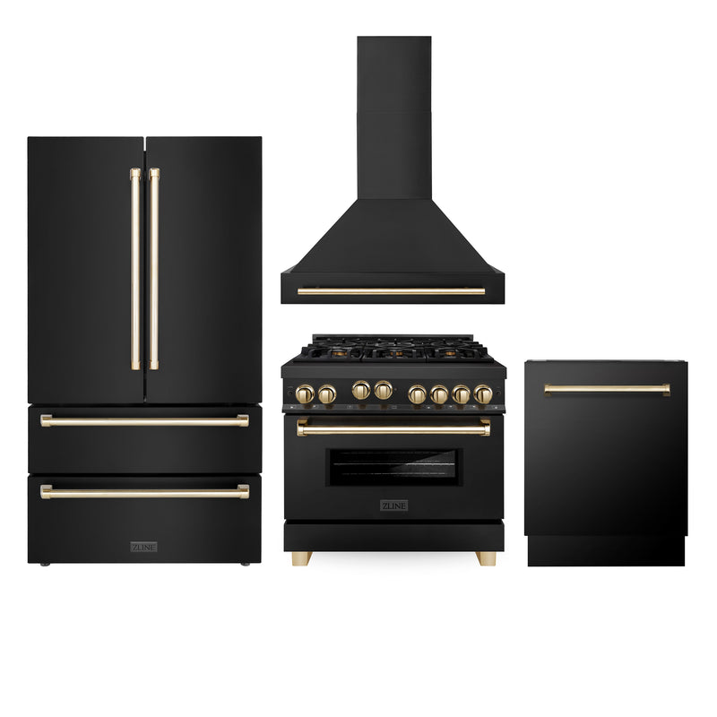 ZLINE 36 in. Autograph Edition Kitchen Package with Black Stainless Steel Gas Range, Range Hood, Dishwasher and Refrigeration with Polished Gold Accents (4AKPR-RGBRHDWV36-G)